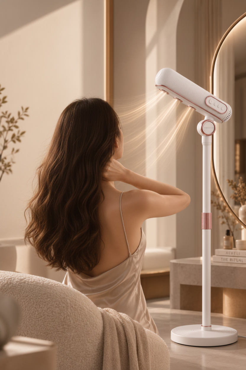 Hair, dry
Hands, free